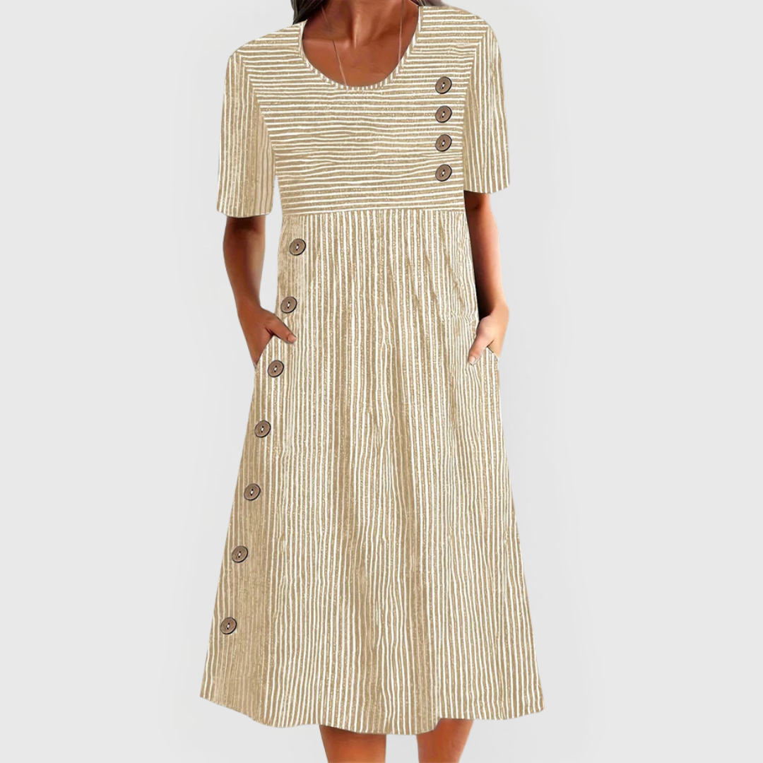 Carmen | Vestido midi de mujer con rayas y botones decorativos