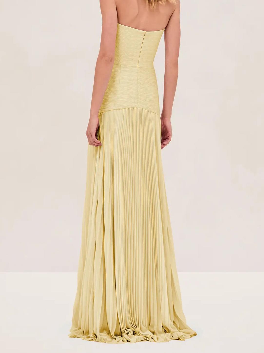 Elviera | Vestido maxi para mujer con pliegues y sin tirantes estilo boda