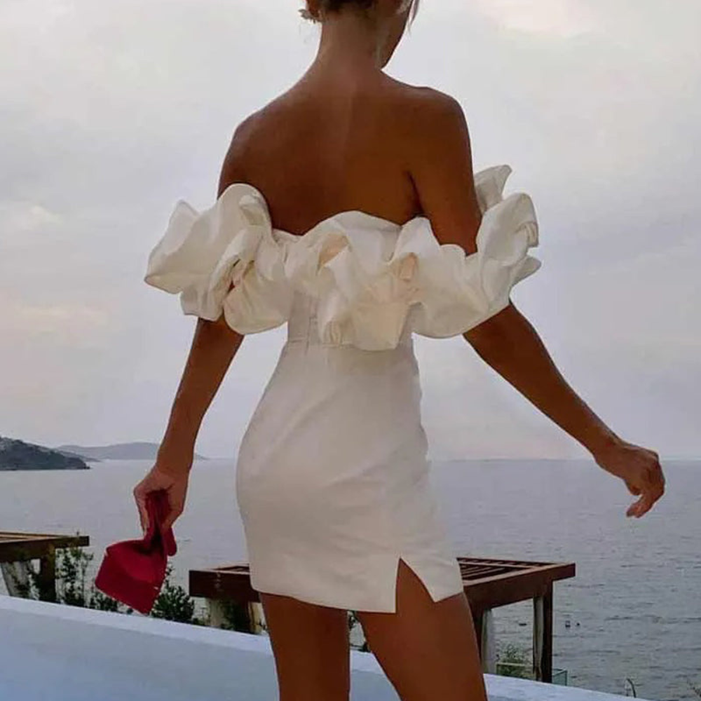 Lilia | Vestido mini de boda con volantes y sin tirantes para mujer