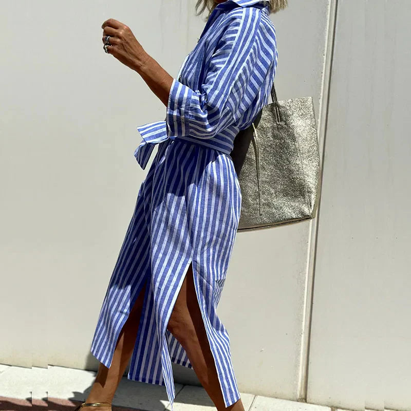 Vespera | Vestido midi de verano con rayas y botones