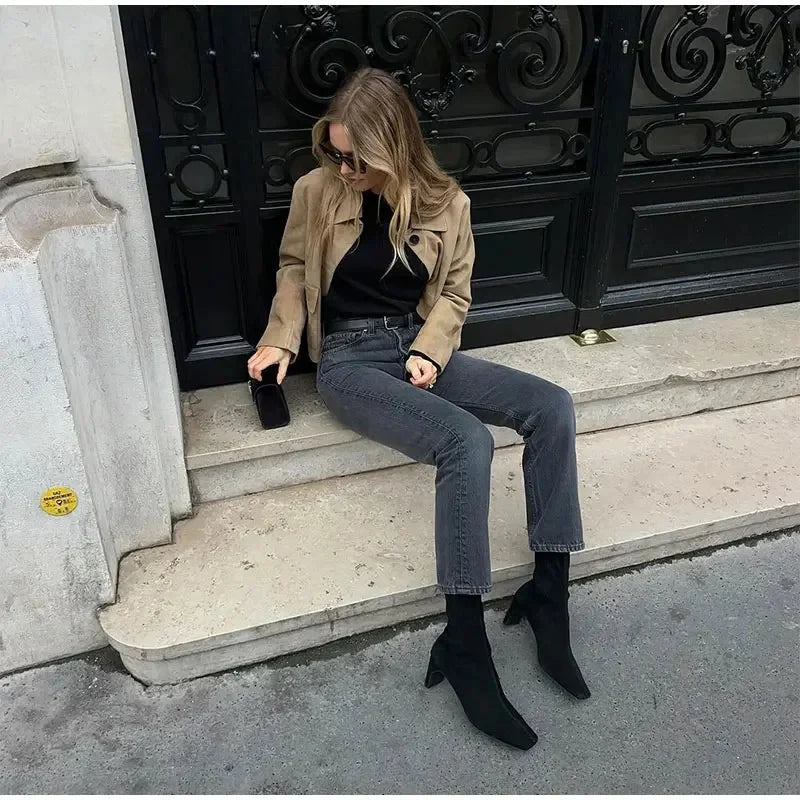 Chaqueta de ante para mujer con cierre de botones Estilo corto Ajuste a medida y bolsillos delanteros para conjuntos elegantes