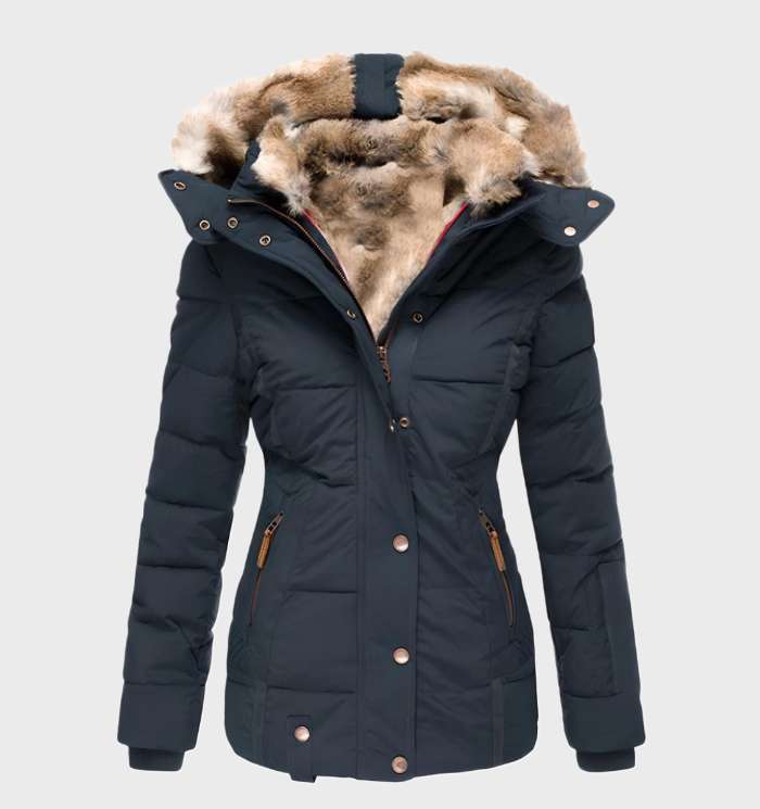 Chaqueta de invierno para mujer slim fit con capucha, cálida y estilizada