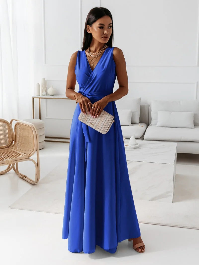 Aurea | Vestido maxi con cinturón y escote en V para mujer
