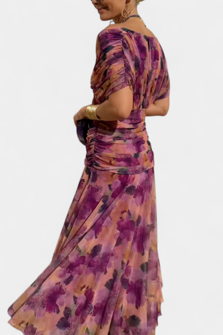 Iselina | Vestido largo fruncido para mujer con cuello en V elegante | Fluido