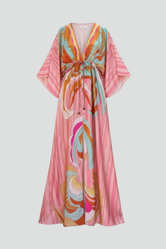 Marisol | Vestido largo de mujer con estampado y escote en V con cinturón