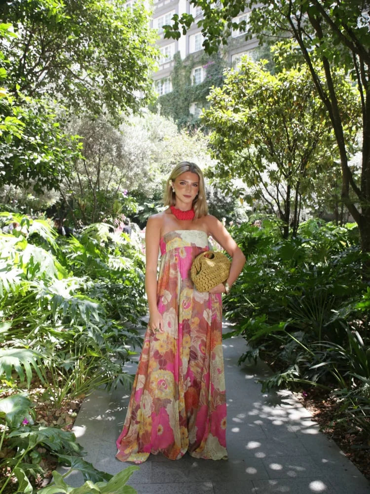 Lurevia | Vestido maxi para mujer con flores y sin tirantes estilo boda