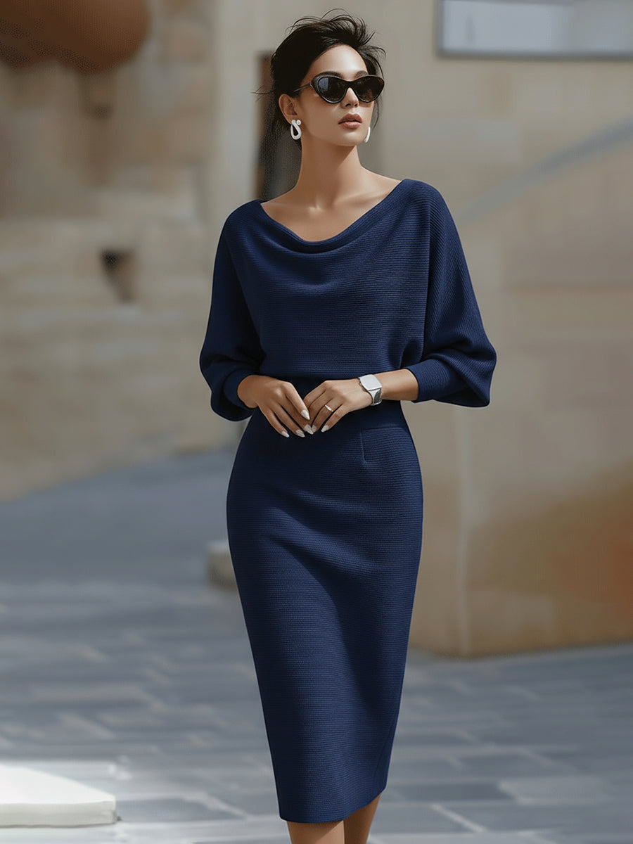 Patricia | Vestido midi con manga media y cuello drapeado ajustado