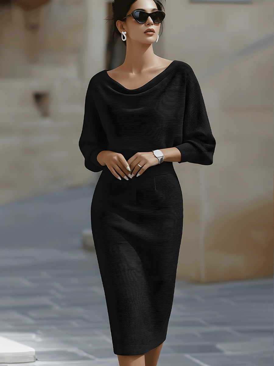 Patricia | Vestido midi con manga media y cuello drapeado ajustado