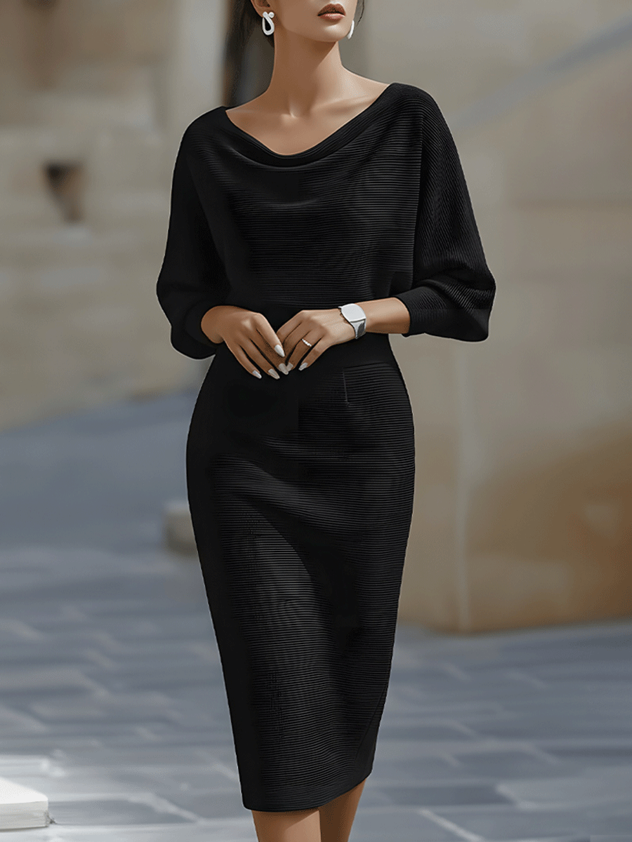 Patricia | Vestido midi con manga media y cuello drapeado ajustado