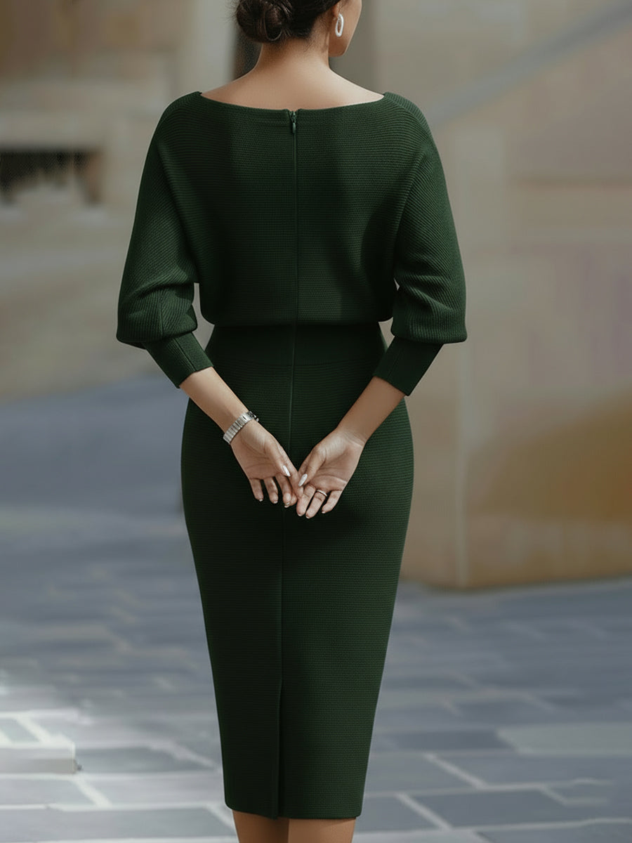 Patricia | Vestido midi con manga media y cuello drapeado ajustado