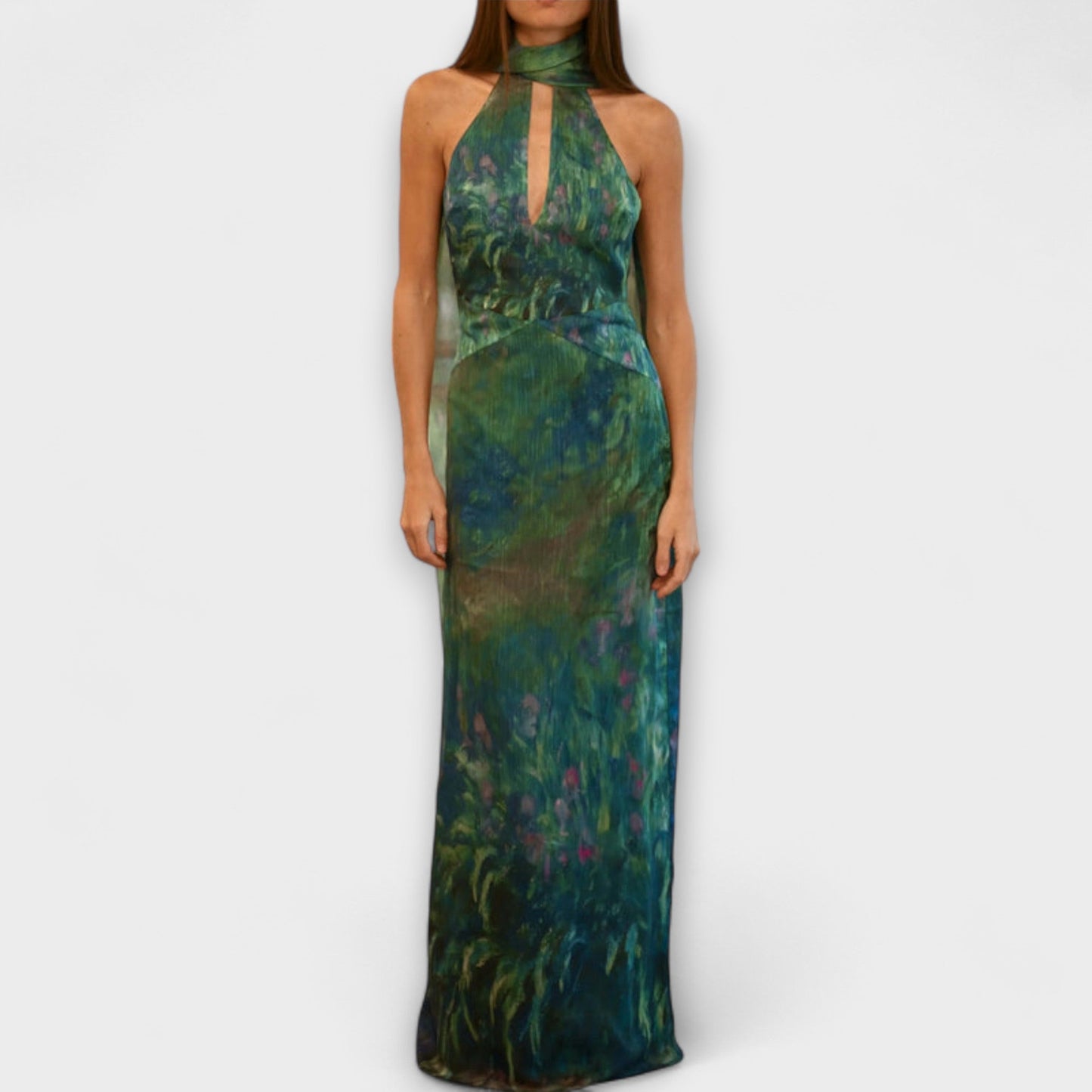 Carmen | Vestido maxi con cuello halter y estampado artístico largo