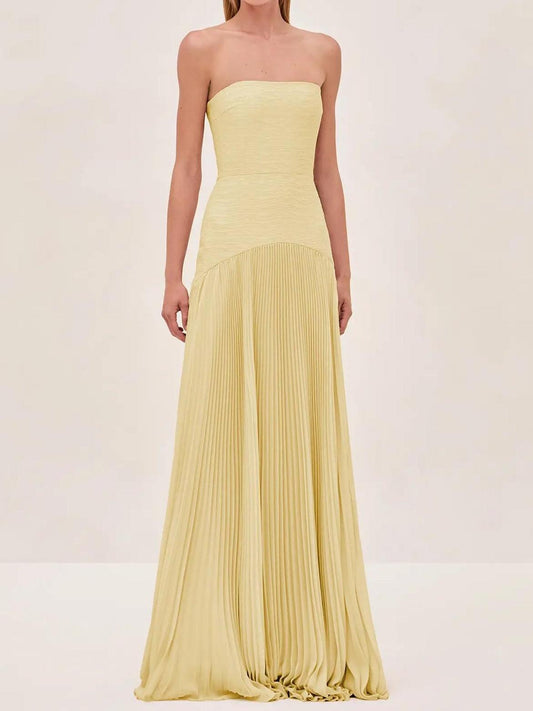 Elviera | Vestido maxi para mujer con pliegues y sin tirantes estilo boda