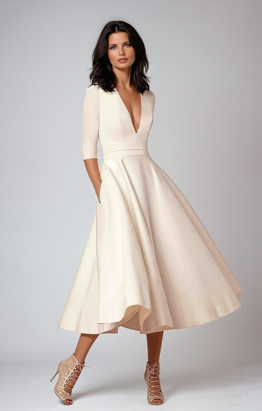 Isabela | Vestido midi de invitada con falda acampanada elegante para mujer