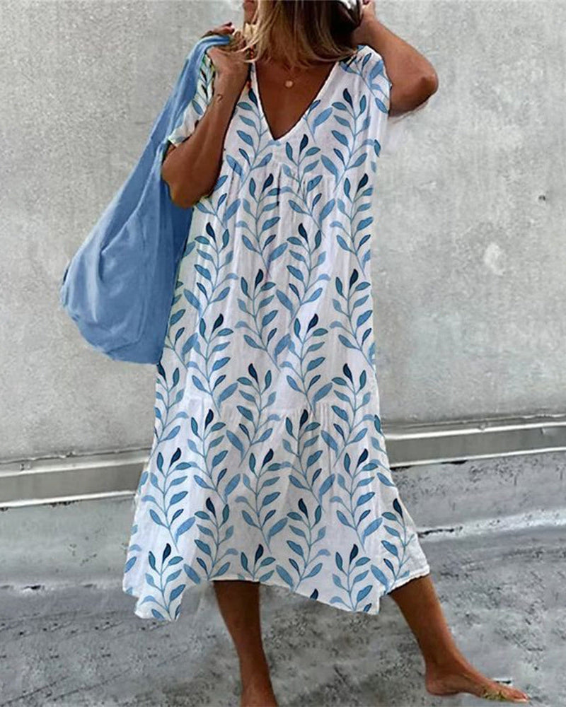 Amarisse | Vestido midi con cuello en V y estampado de hojas para mujer | Ligero