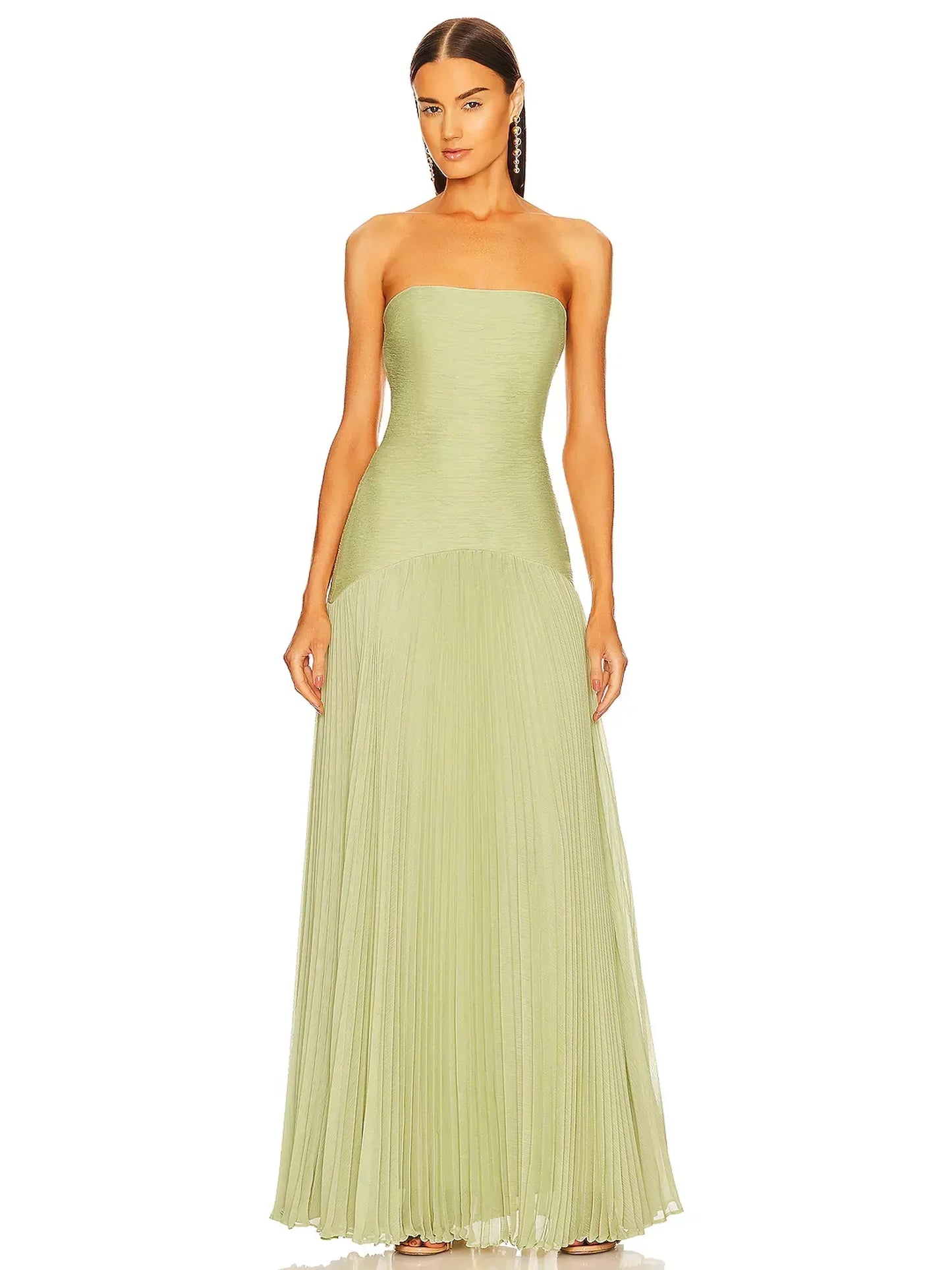 Elviera | Vestido maxi para mujer con pliegues y sin tirantes estilo boda