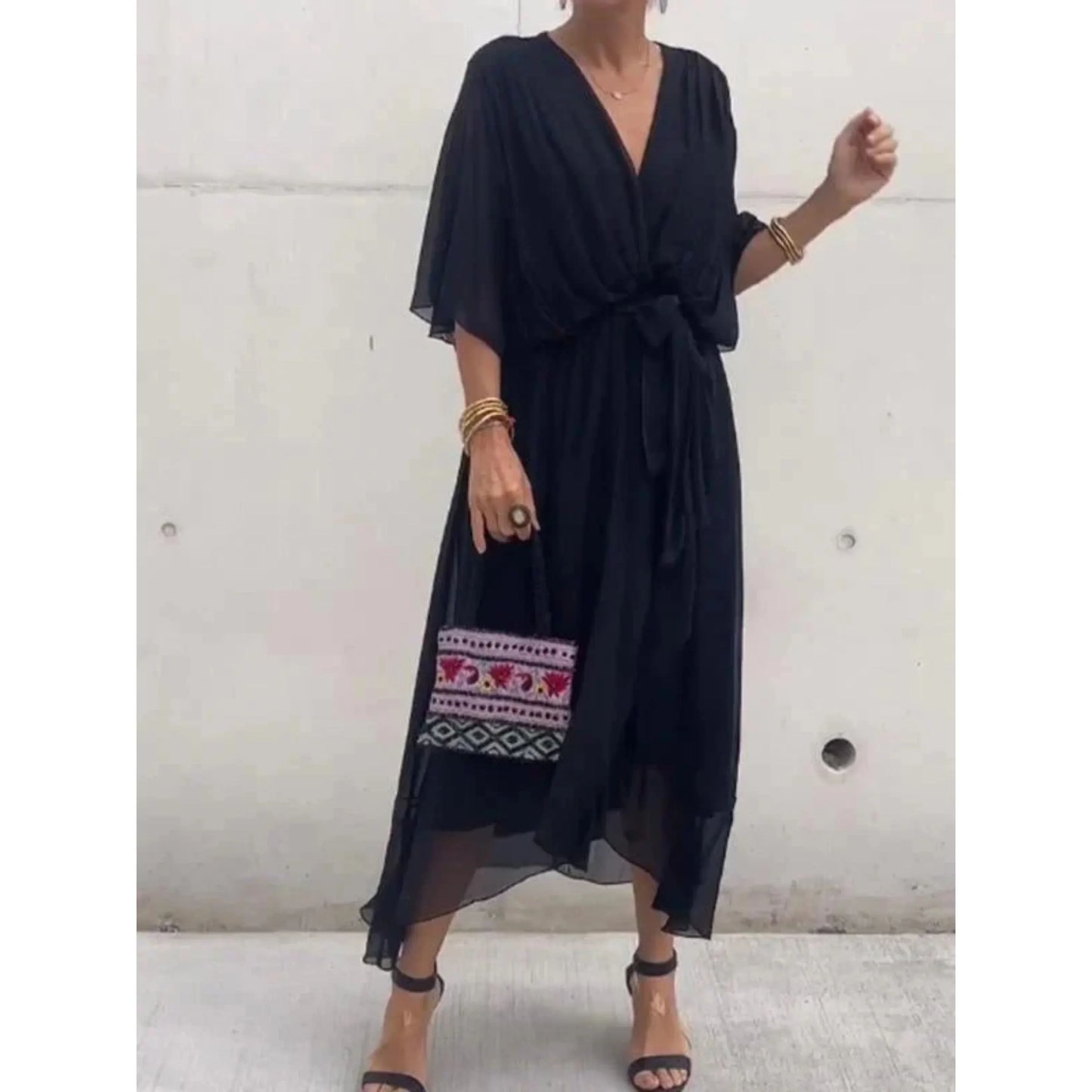 Camila | Mujer vestido midi con escote en V y cinturón