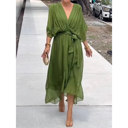 Camila | Mujer vestido midi con escote en V y cinturón