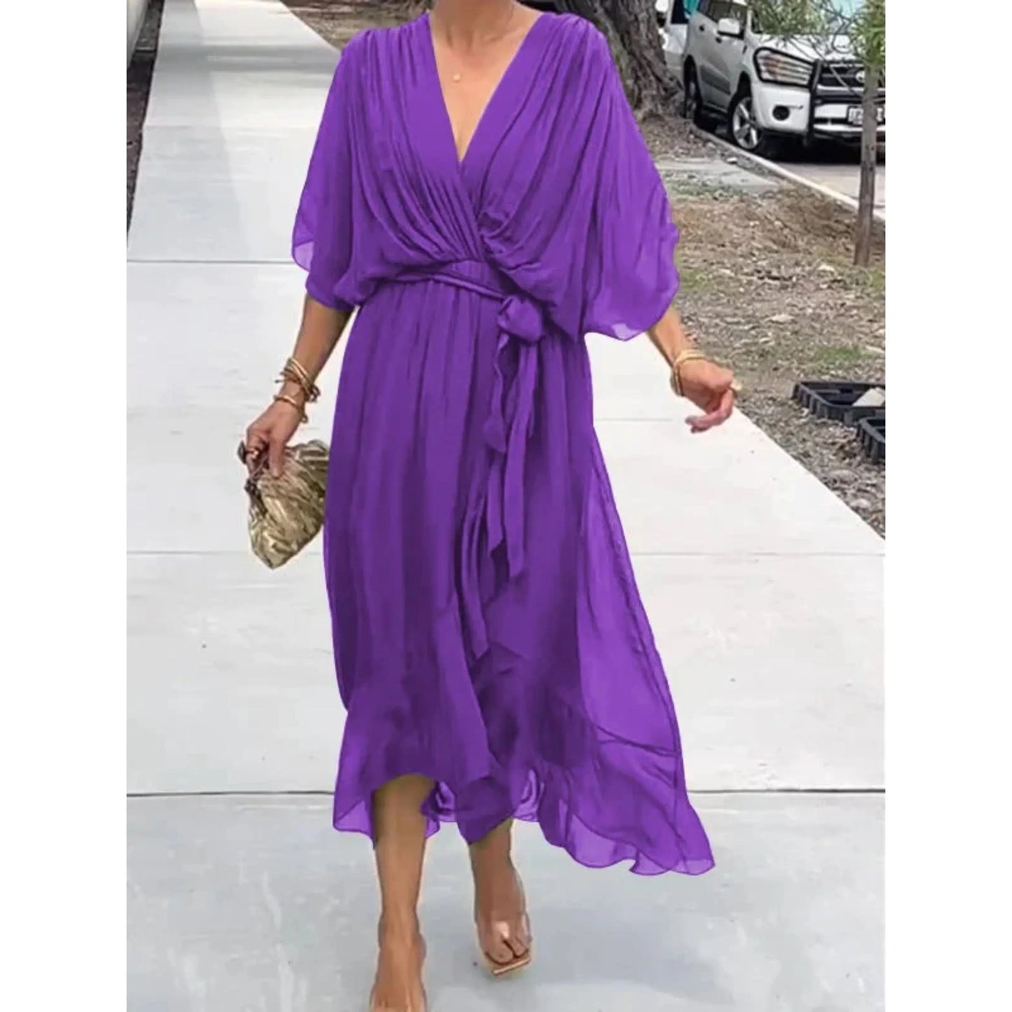 Camila | Mujer vestido midi con escote en V y cinturón
