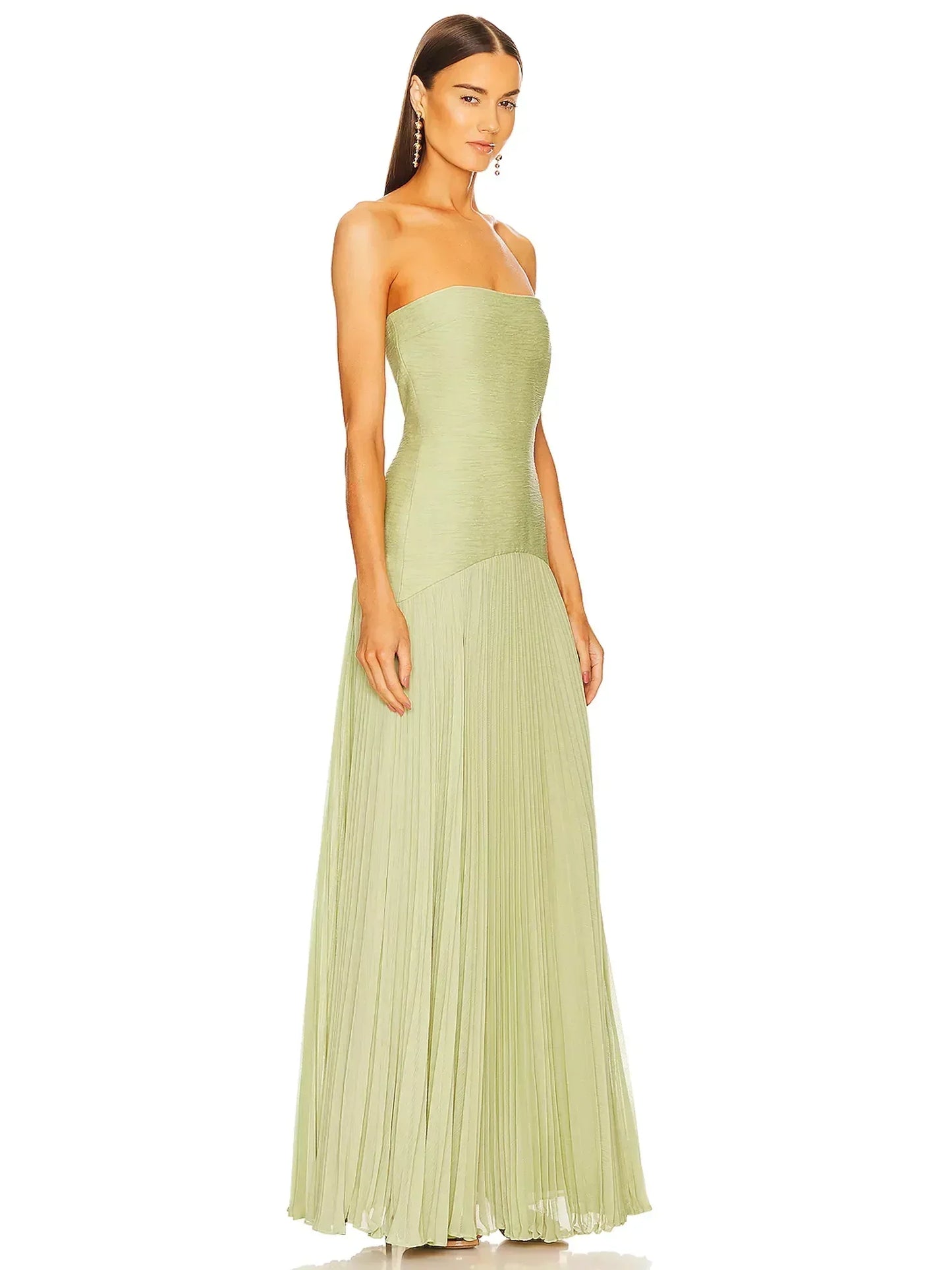 Elviera | Vestido maxi para mujer con pliegues y sin tirantes estilo boda