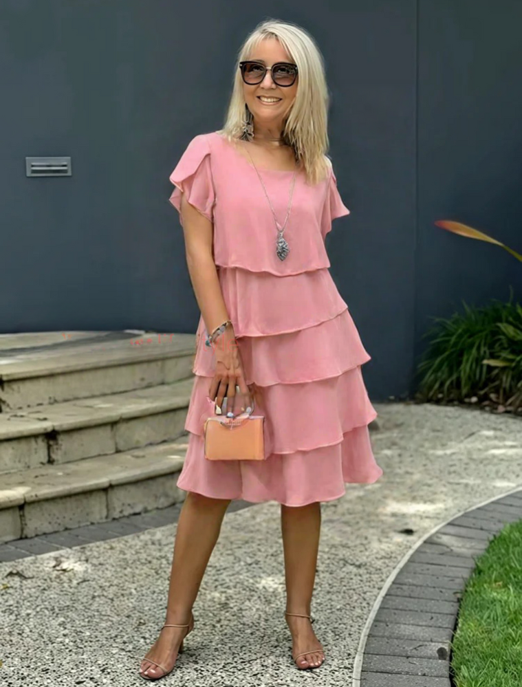 Arelis | Vestido Midi para Mujer con Capas y Mangas Cortas