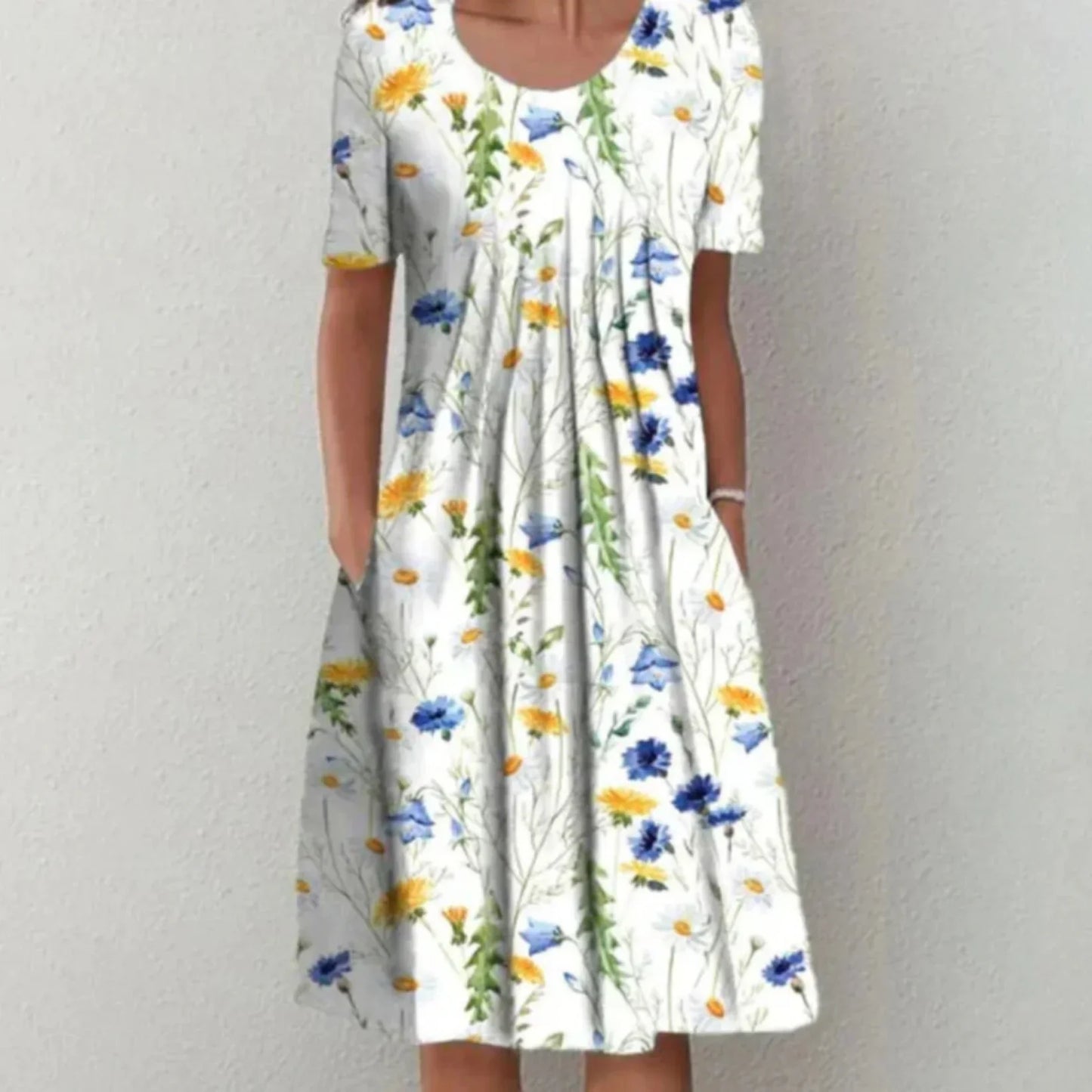 Clara | Mujer vestido midi floral con manga corta y bolsillos