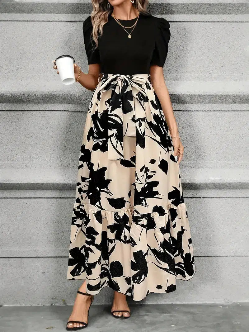 Blanca | Vestido maxi para mujer con mangas abullonadas y lazo