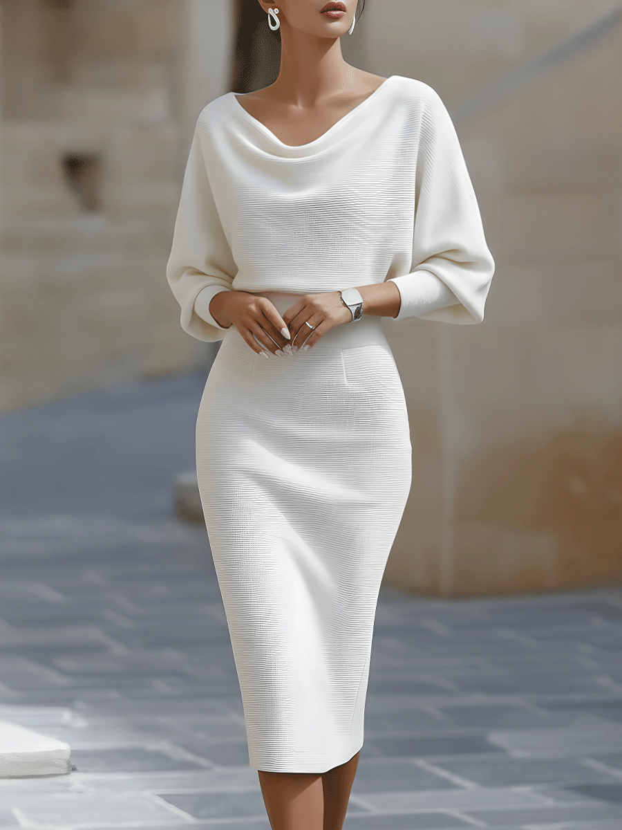 Patricia | Vestido midi con manga media y cuello drapeado ajustado