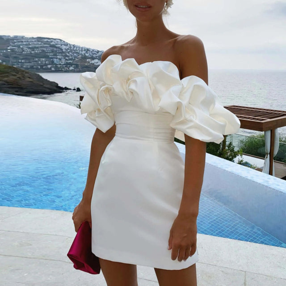 Lilia | Vestido mini de boda con volantes y sin tirantes para mujer