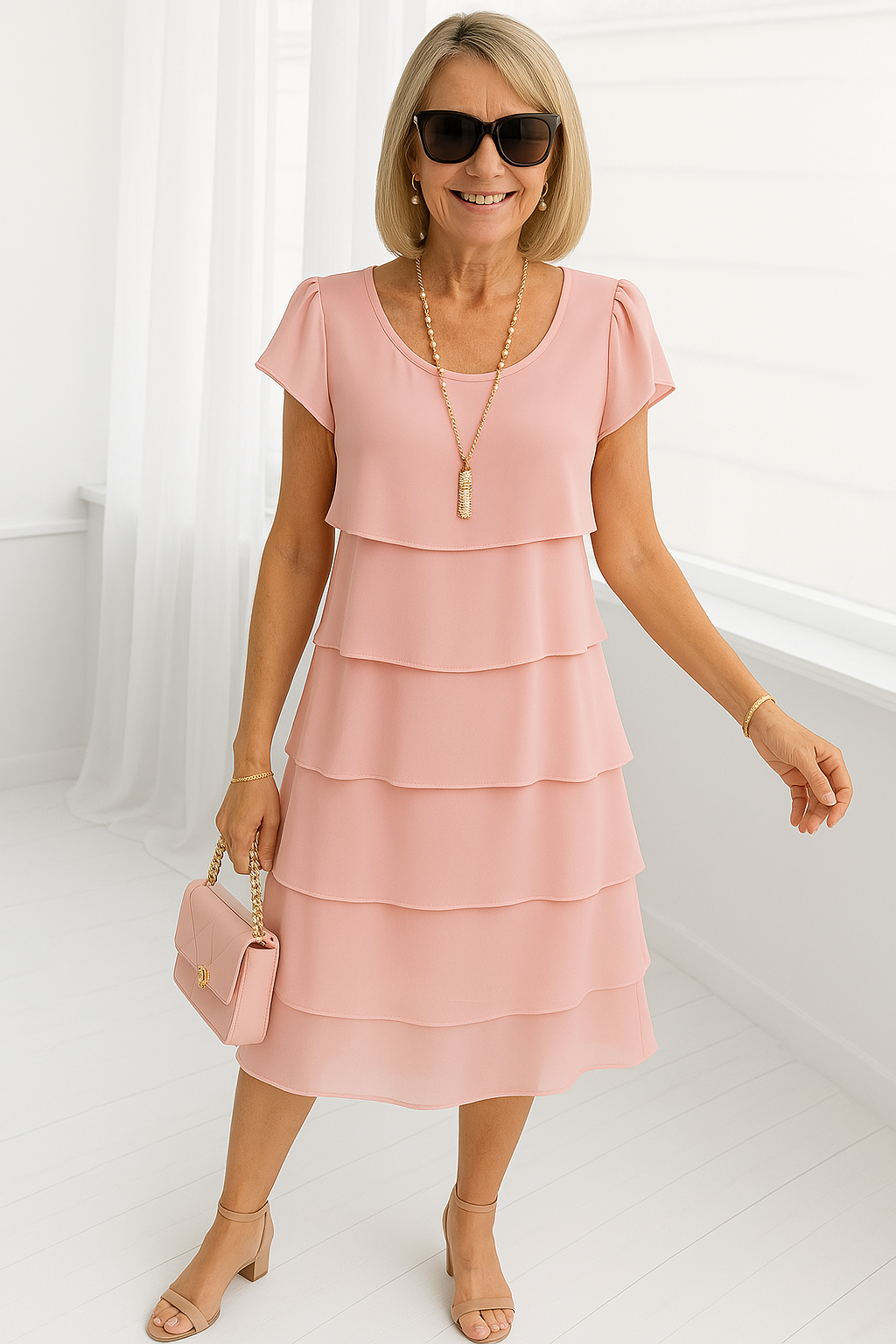 Karla | Mujer vestido midi con capas y manga corta