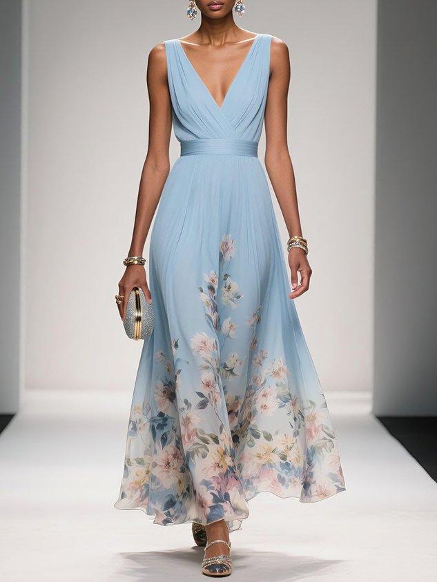 Daniela | Vestido maxi de mujer con estampado floral y escote en V