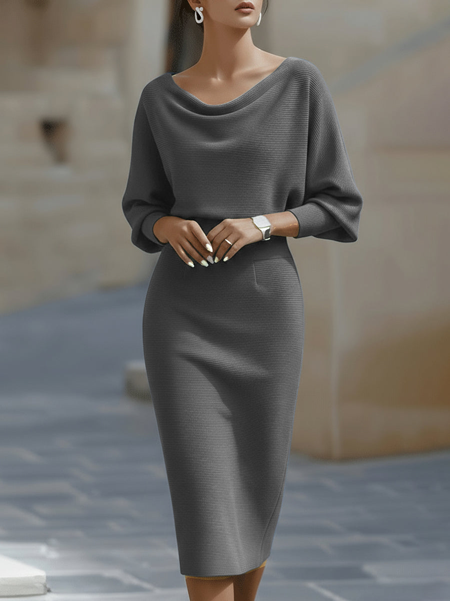 Patricia | Vestido midi con manga media y cuello drapeado ajustado