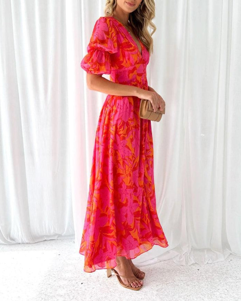 Zelmira | Vestido maxi elegante con estampado y manga corta