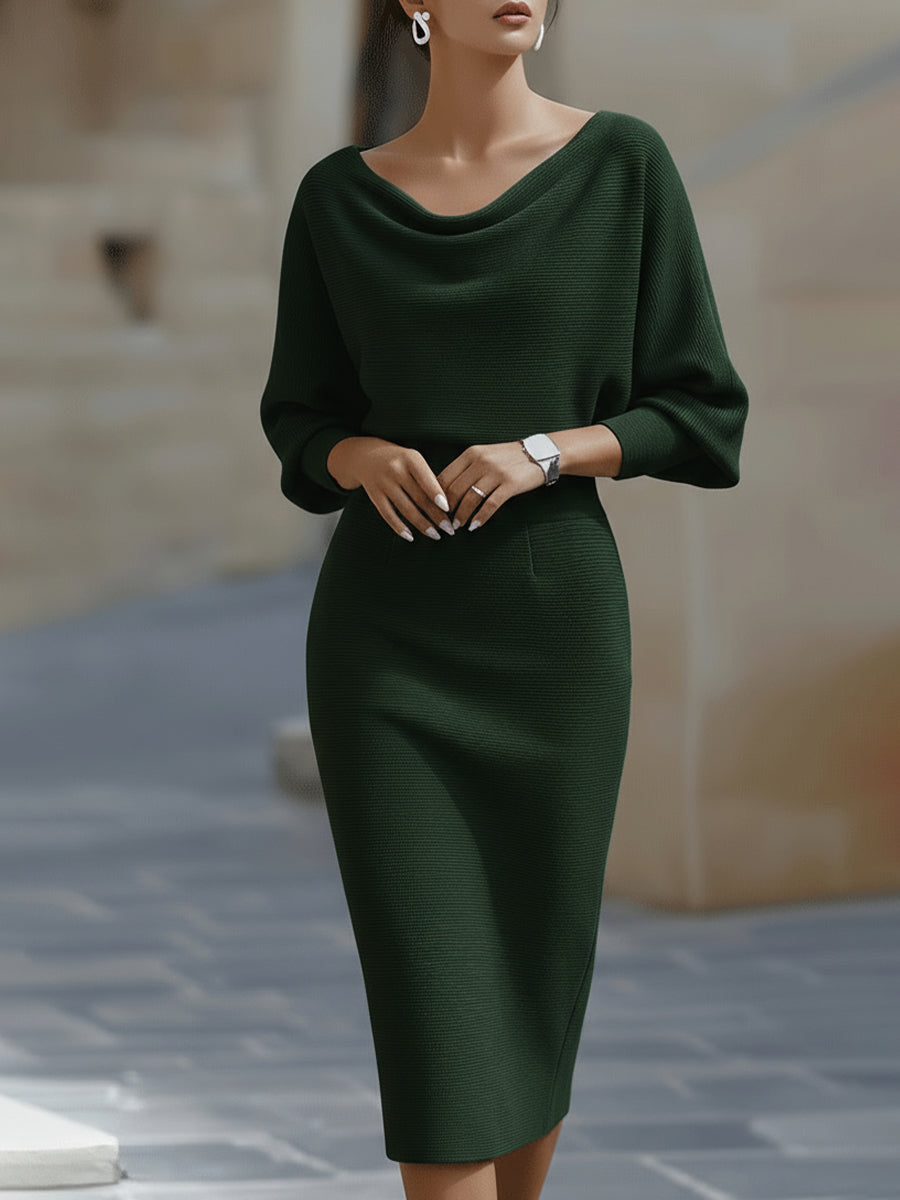 Patricia | Vestido midi con manga media y cuello drapeado ajustado