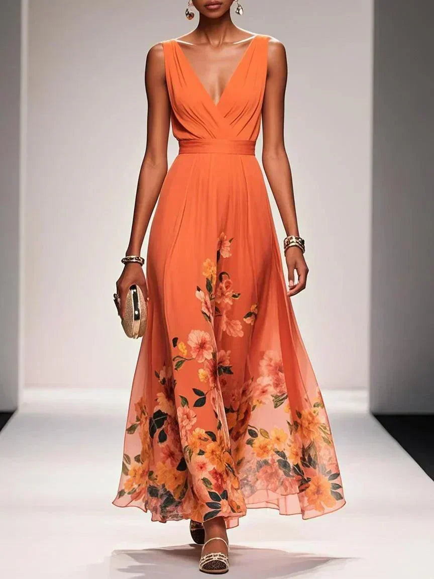 Daniela | Vestido maxi de mujer con estampado floral y escote en V