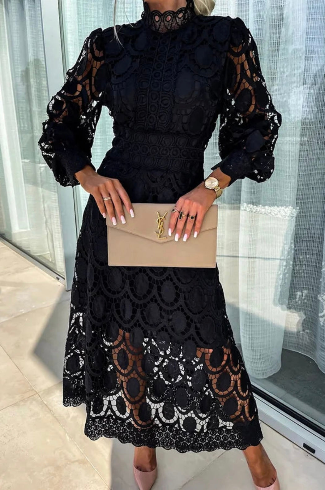 Marina | Vestido midi elegante de encaje con mangas largas