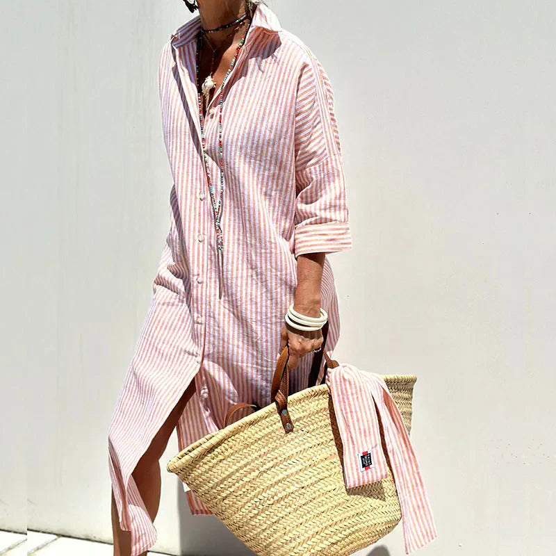 Vespera | Vestido midi de verano con rayas y botones