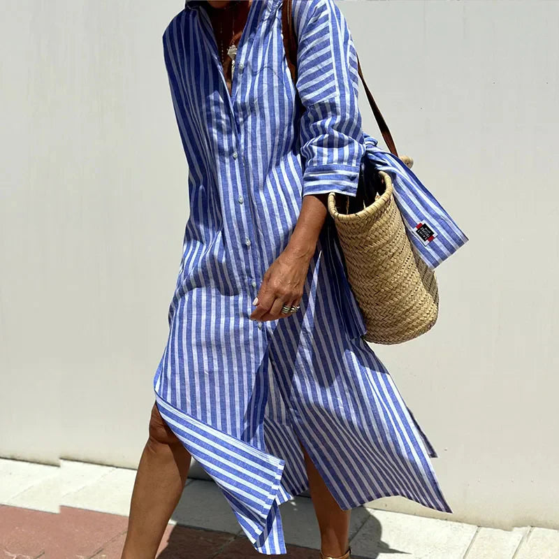 Vespera | Vestido midi de verano con rayas y botones