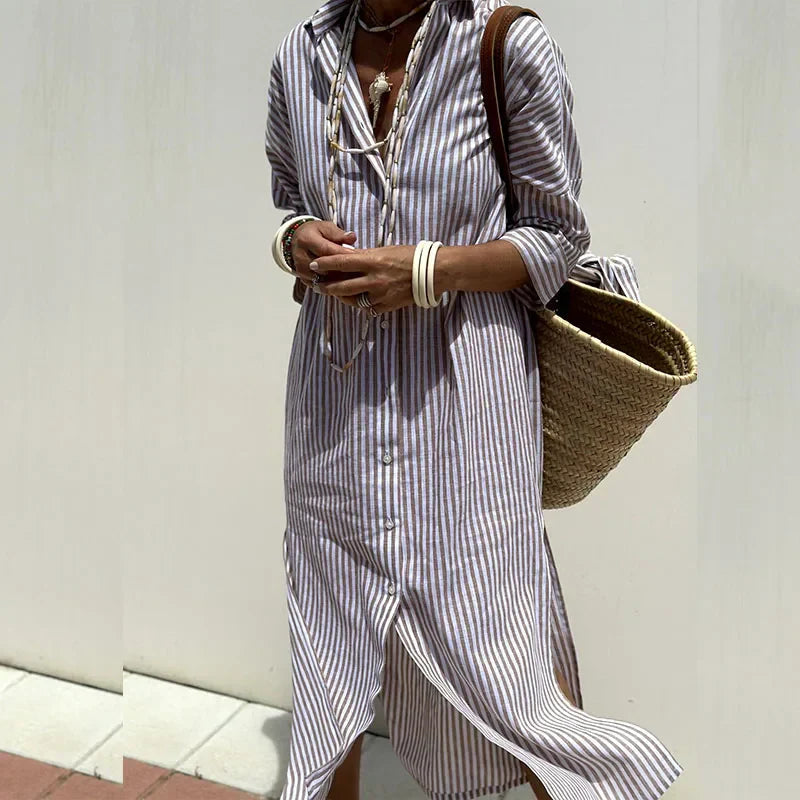 Vespera | Vestido midi de verano con rayas y botones