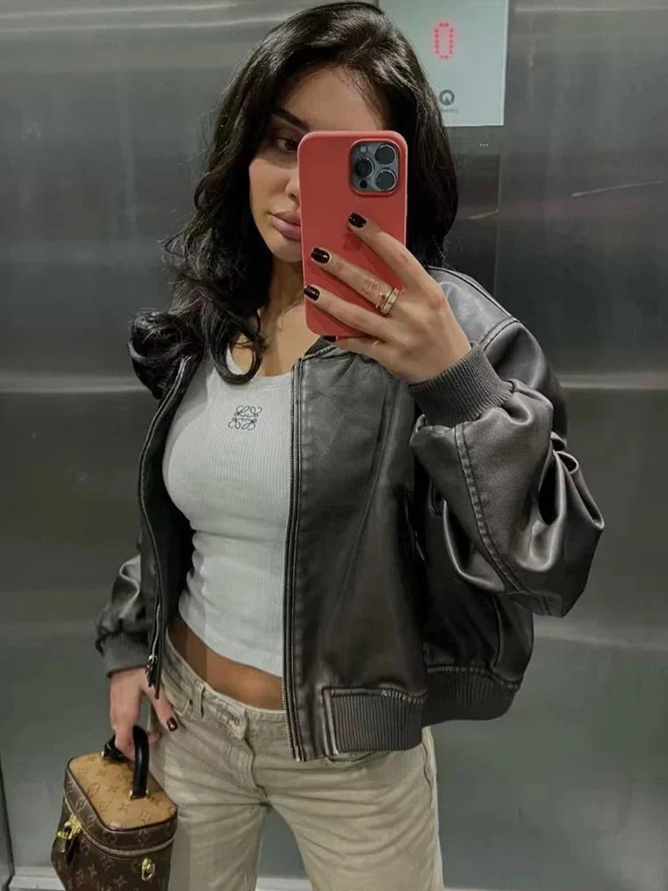 Chaqueta bomber de mujer de cuero PU estilo vintage con cuello mao