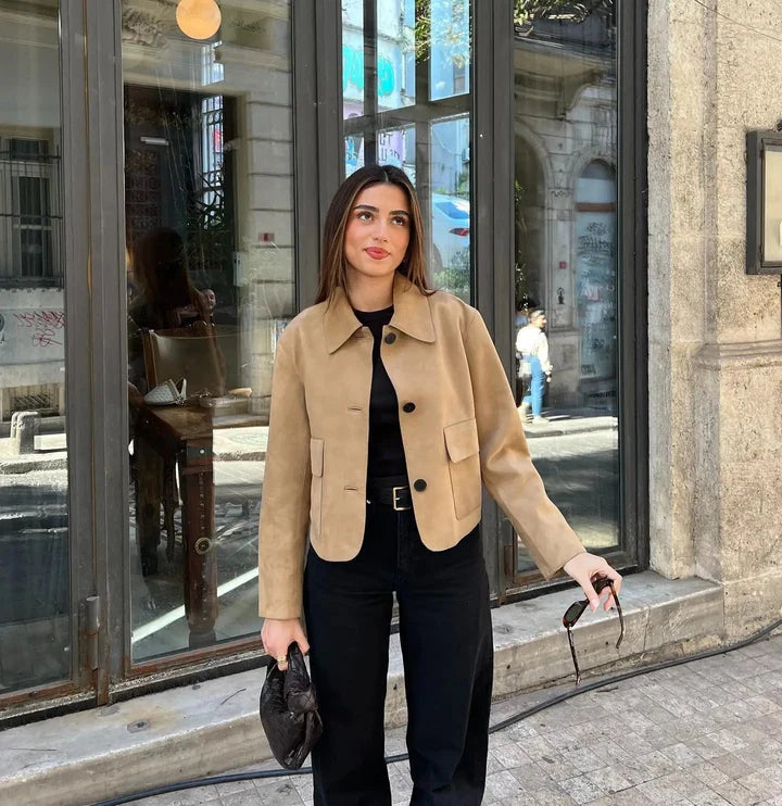 Chaqueta de ante para mujer con cierre de botones Estilo corto Ajuste a medida y bolsillos delanteros para conjuntos elegantes