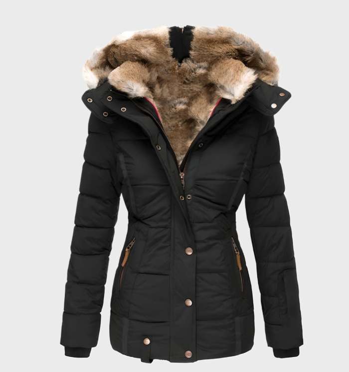 Chaqueta de invierno para mujer slim fit con capucha, cálida y estilizada