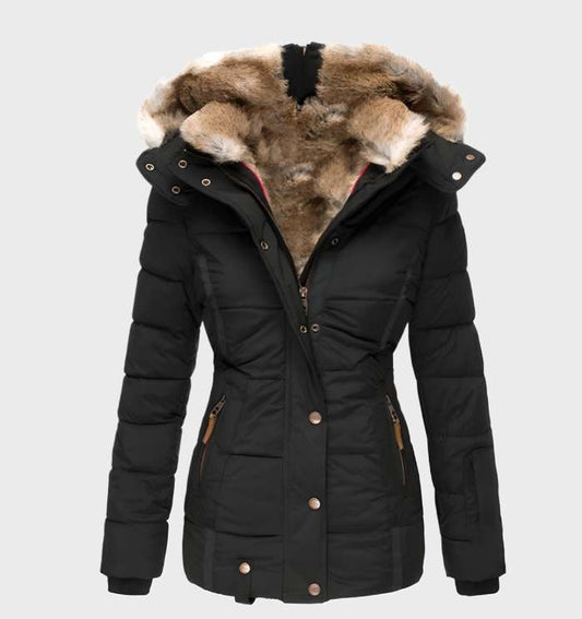 Chaqueta de invierno para mujer slim fit con capucha, cálida y estilizada