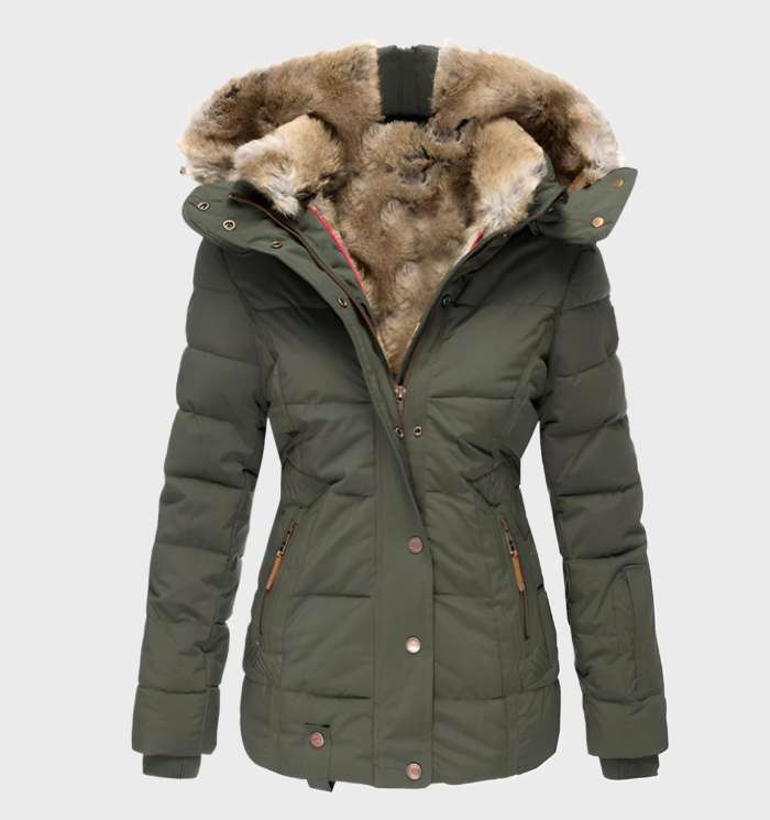 Chaqueta de invierno para mujer slim fit con capucha, cálida y estilizada