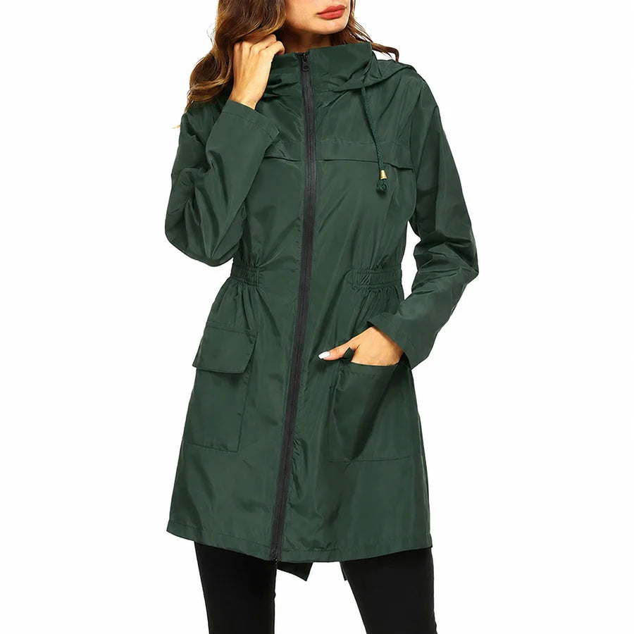Chaqueta impermeable larga para mujer con capucha – Resistente al clima y funcional