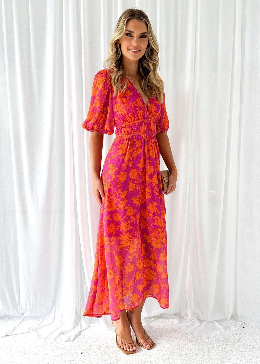 Asun | Vestido midi floral con mangas abullonadas para mujer