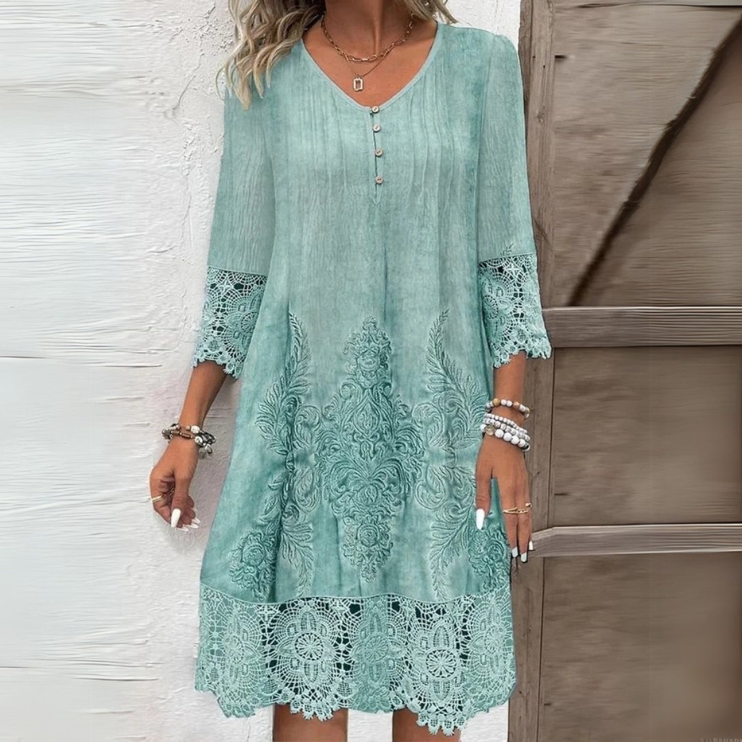 Reyes | Vestido midi con estampado floral y detalles de encaje
