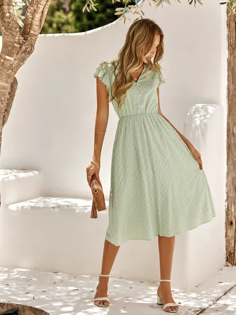 Jessenia | Vestido midi de mujer con volantes y botones | Moderno