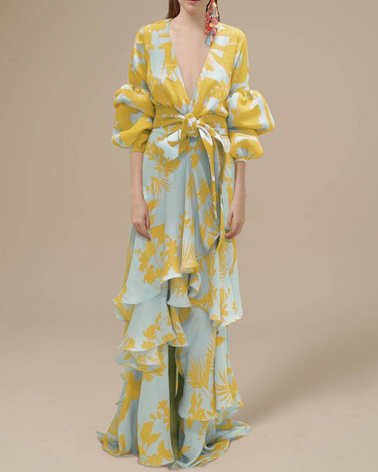 Camila | Vestido largo de ceremonia con diseño cruzado y estampado
