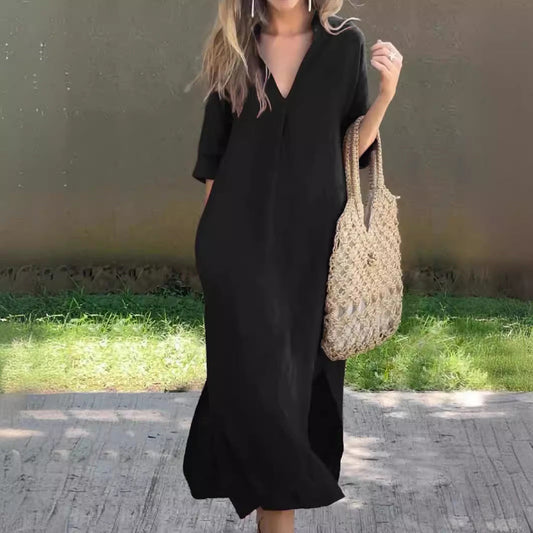 Loredana |  Vestido largo de mujer con cuello en V y mangas holgadas | Elegante