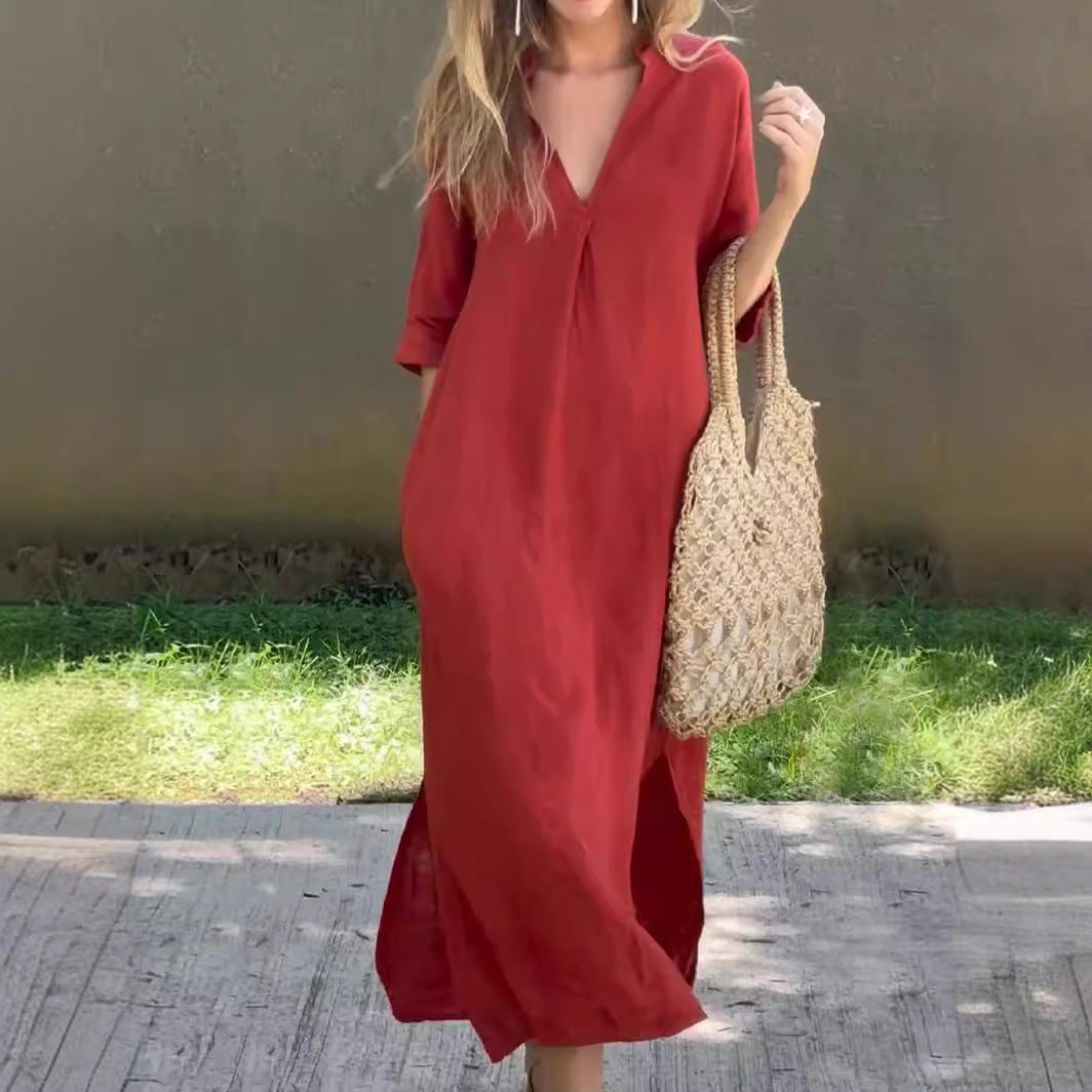 Loredana |  Vestido largo de mujer con cuello en V y mangas holgadas | Elegante